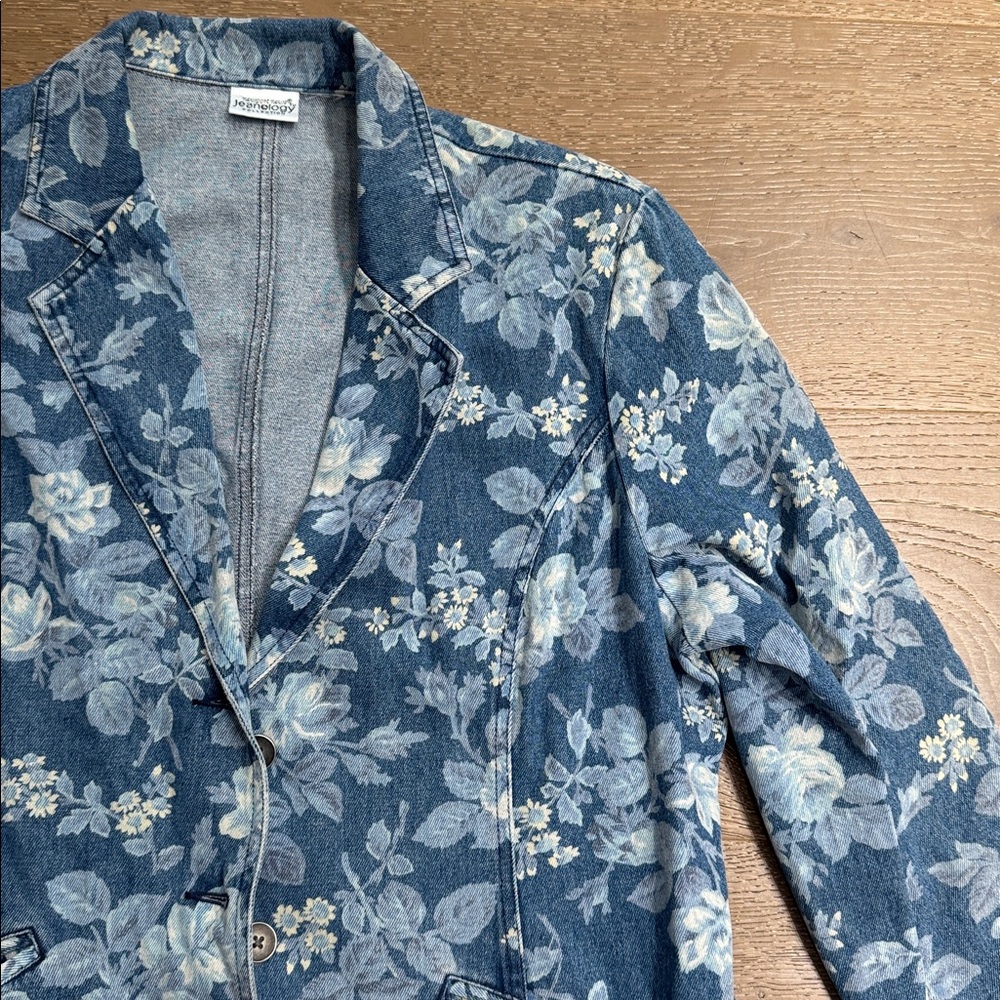 Vintage Floral Denim Longline Blazer Jacket Cottagecore 90s size L - Picture 3 of 5